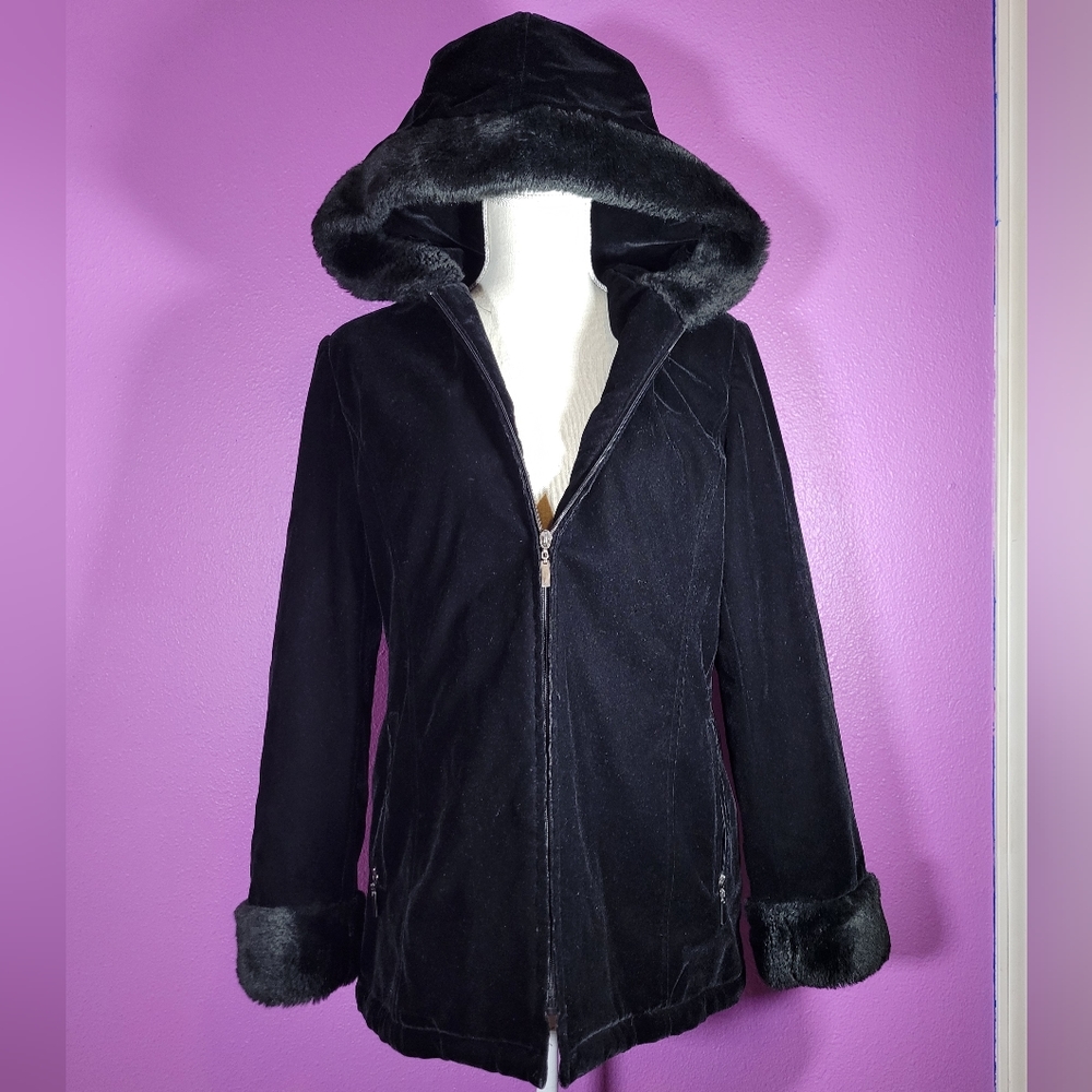 WHITE STAG Missy Black Velvet Hooded Full Zip Coat Faux Fur Trim - Size: Medium